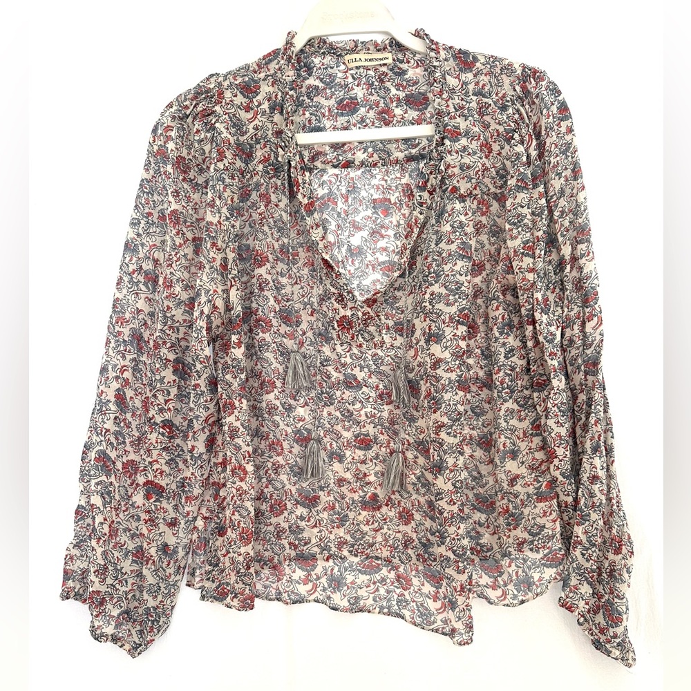 Ulla Johnston 100% Silk Floral Blouse with Tassels